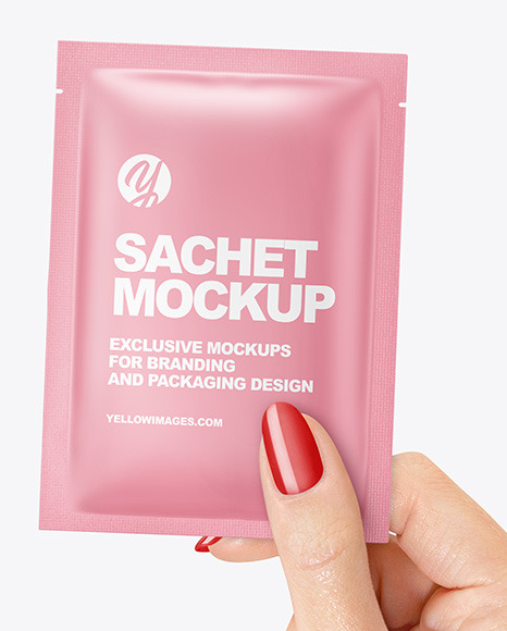 Matte Sachet Mockup in a Hand Mockup PSD #1