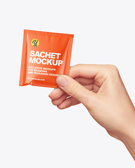 Glossy Sachet in a Hand Mockup