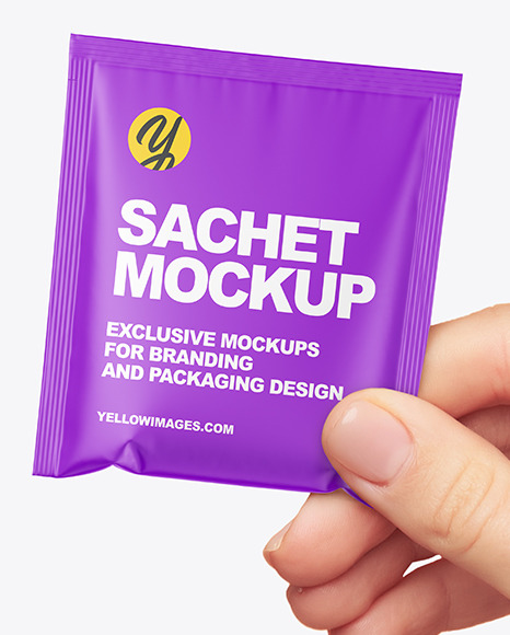 Matte Sachet in a Hand Mockup PSD #2