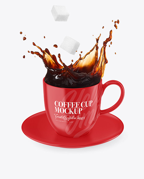 Glossy Coffee Cup &amp; Saucer w/ Splash Mockup