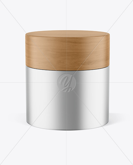 Metallic Cosmetic Jar with Wood Cap Mockup PSD #1