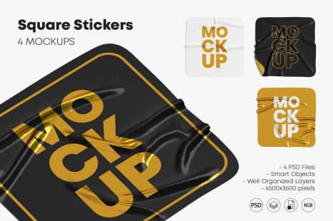Square Crumpled Stickers Mockup Set