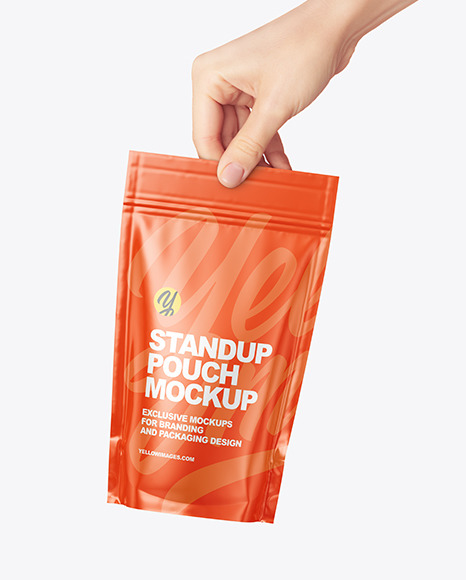 Glossy Stand-up Pouch in a Hand Mockup