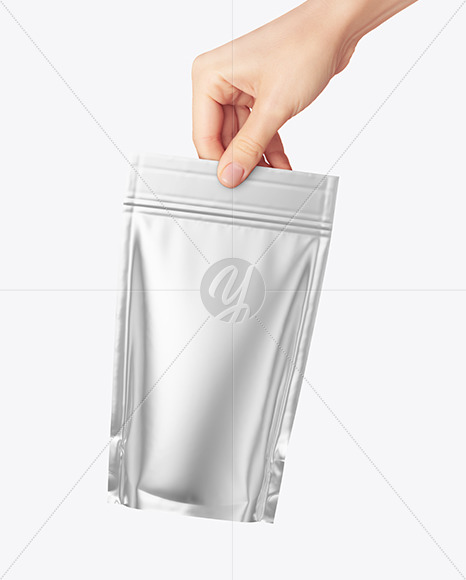 Metallic Stand up Pouch in a Hand Mockup PSD #3