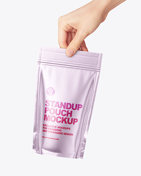 Metallic Stand up Pouch in a Hand Mockup PSD #6