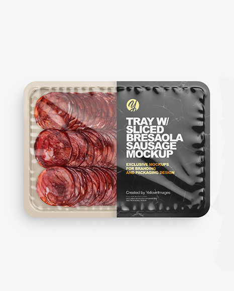 Plastic Tray With Glossy Film &amp; Sliced Bresaola Sausage Mockup