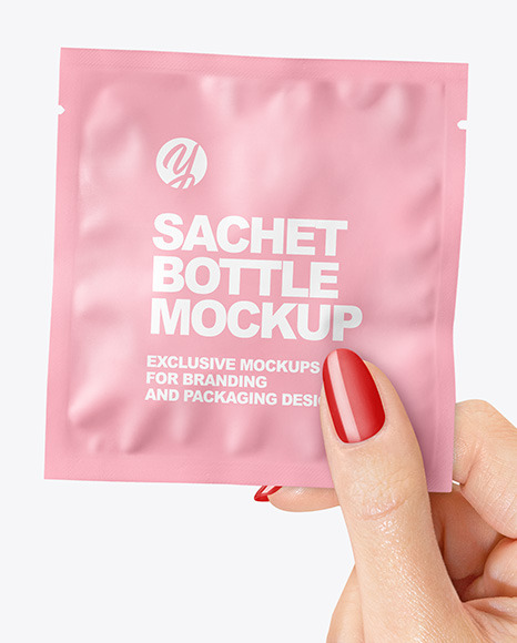 Matte Sachet Mockup in a Hand Mockup PSD #1
