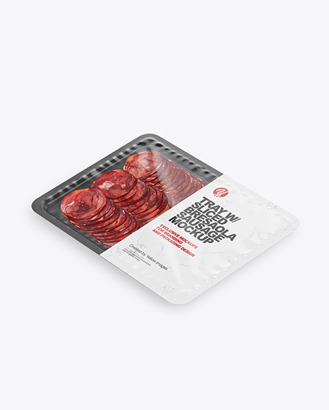 Plastic Tray With Glossy Film &amp; Sliced Bresaola Sausage Mockup