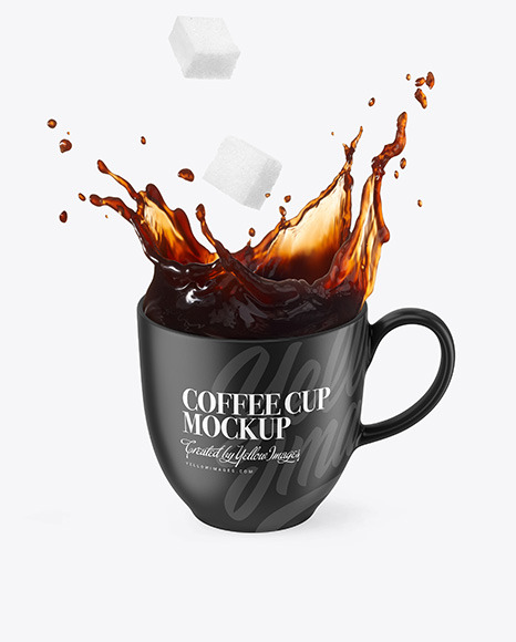 Ceramic Cup w/ Coffee Splash and Sugar Cubes Mockup