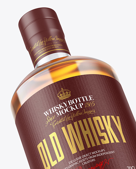 Clear Glass Whiskey Bottle with Wooden Cap Mockup PSD #1