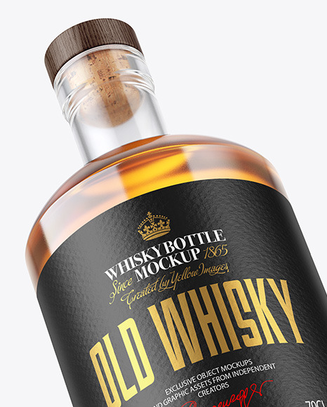 Clear Glass Whiskey Bottle with Wooden Cap Mockup PSD #7