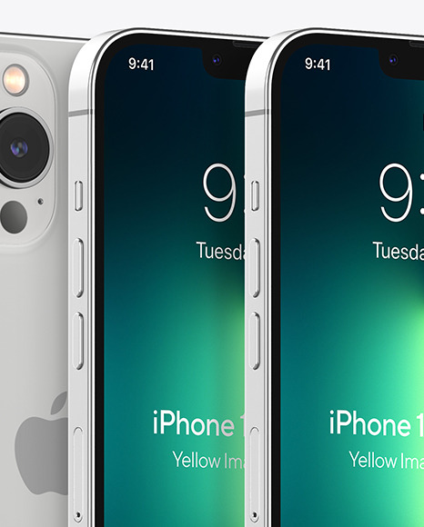 Three iPhones 13 Pro Max Silver Mockups PSD #2