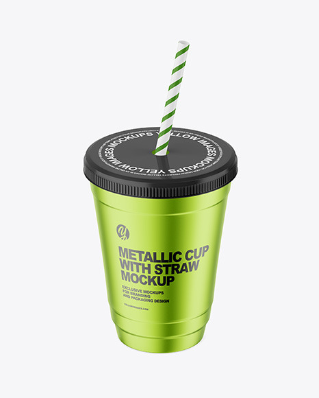 Metallized Coffee Cup with Plastic Straw Mockup