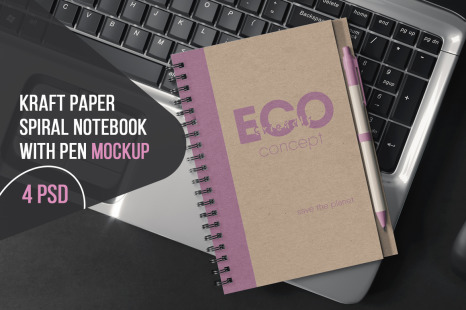 Kraft Paper Spiral Notebook With Pen Mockup