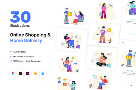 30 Online Shopping vector Illustrations