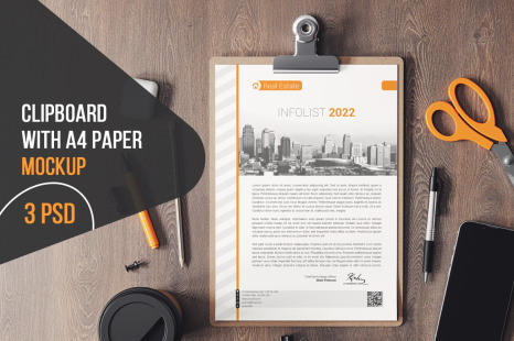 Clipboard With A4 Paper Mockup