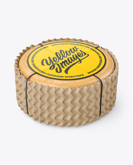 Cheese Wheel w/ Kraft Сorrugated Paper Wrapping &amp; Label Mockup