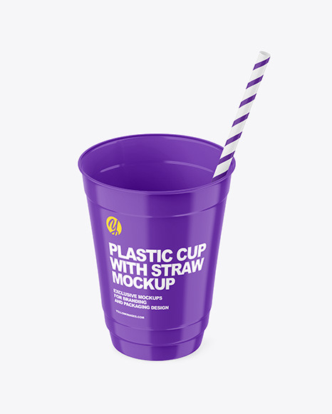 Opened Glossy Plastic Cup with Straw Mockup