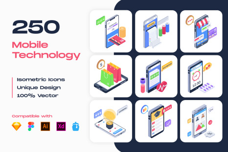 250 Mobile Technology Isometric Icons