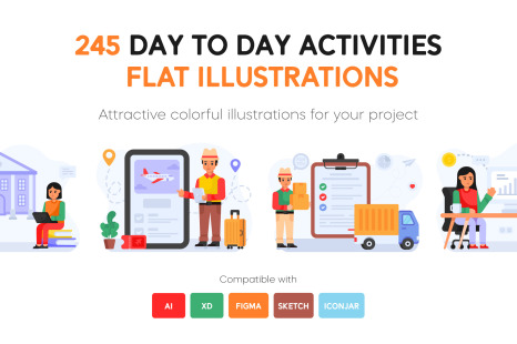 245 Flat Day to Day Activities illustrations