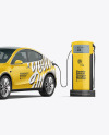 Electric Car on Charging Station Mockup - Half Side View