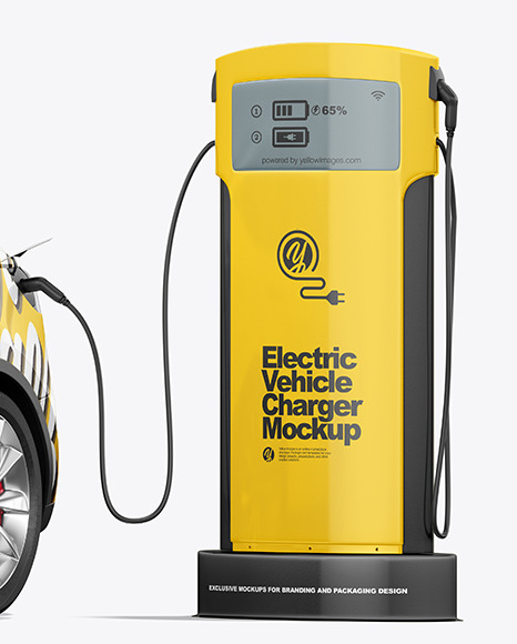 Electric Car on Charging Station Mockup - Half Side View