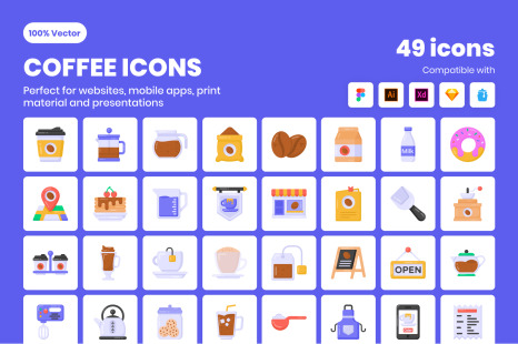 Coffee Icons - 49 Flat Vector Icons
