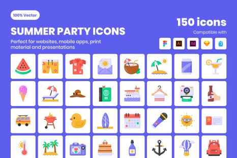 Pack of 150 Flat Summer Icons