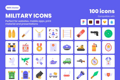 100 Flat Military Vector Icons