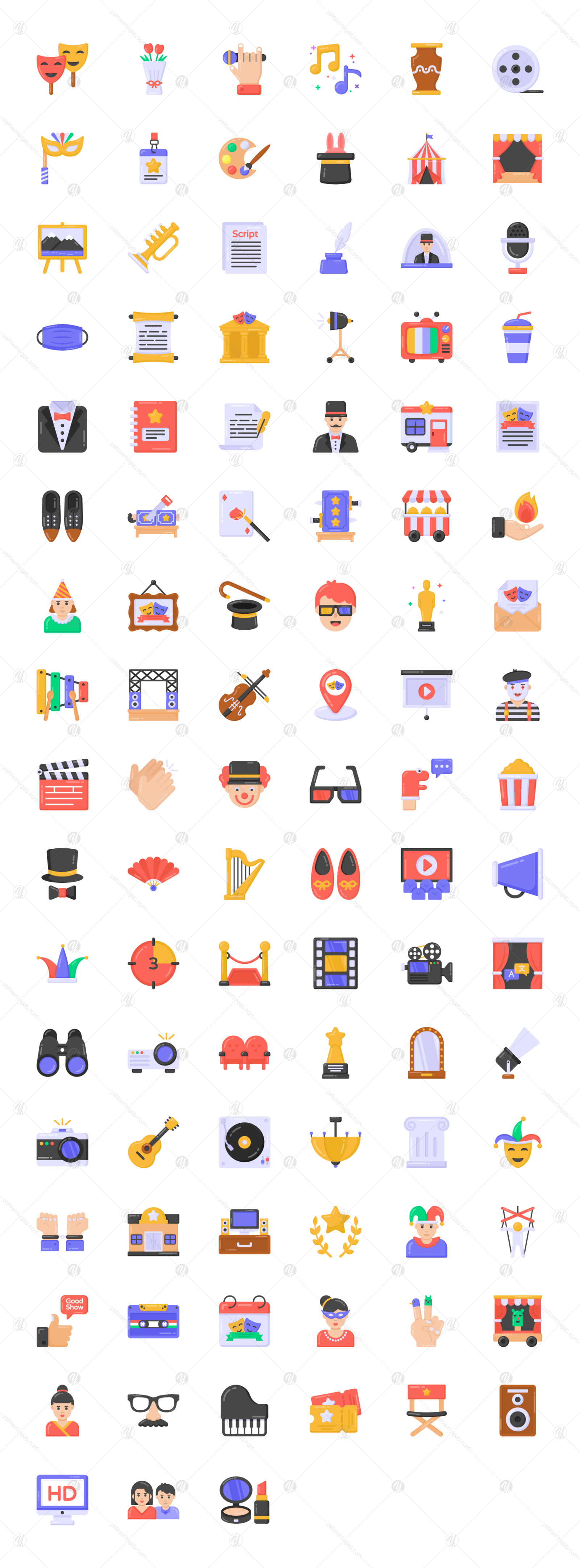 96 Flat Theater Vector Icons on Yellow Images Creative Store