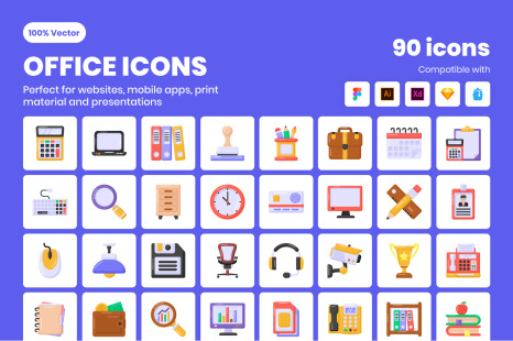 90 Office Flat Vector Icons