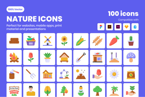 Pack of Flat Gardening and Nature Icons