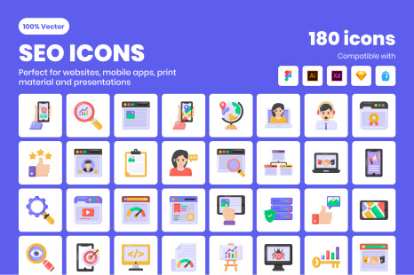 180 SEO Flat Vector Icons