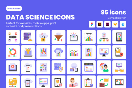 Set of 95 flat data science icons