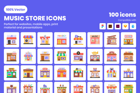 Top Trendy Flat Music Store Icons Pack