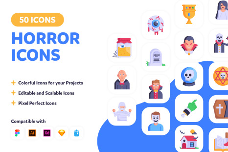 50 Flat Horror Icons-Vector Designs