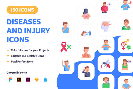 100 Flat Diseases and injury Icons