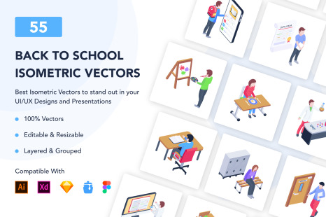 55 Isometric Back to School Icons