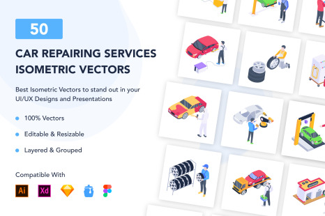 50 Isometric Auto Repair Icons