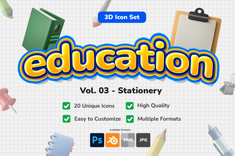 3D Icon Set - Education Vol. 03 - Stationery / School Supplies Theme