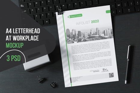 A4 Letterhead At Workplace Mockup