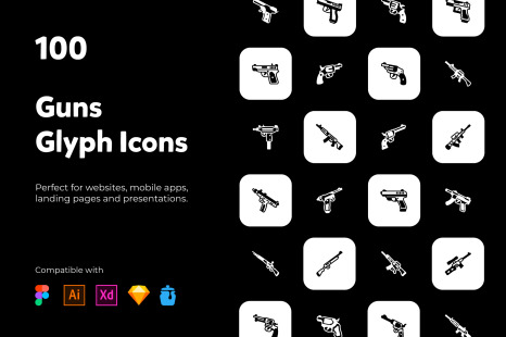 100 unique guns glyph line icons.