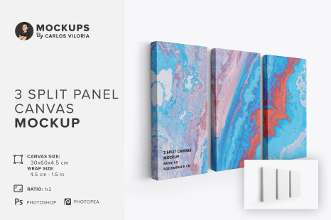 3 Panel Canvas Ratio 1x2 Mockup - Left 1.5 In Wrap