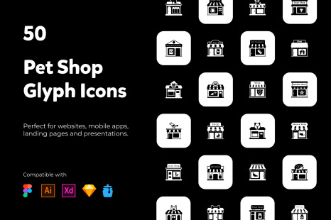 Set of pet shop glyph icons