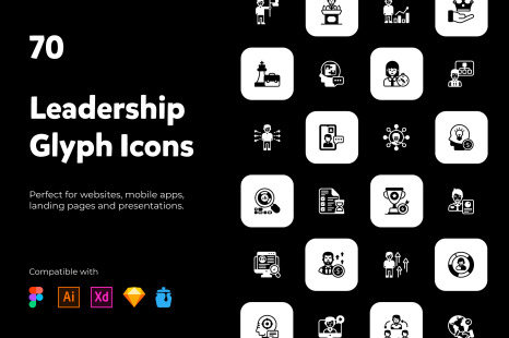 70 Leadership Icons In Solid Style.