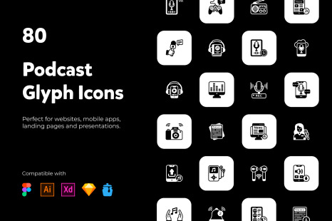 80 podcast and multimedia Icons