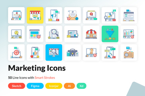 Digital Marketing Flat Outline Icons