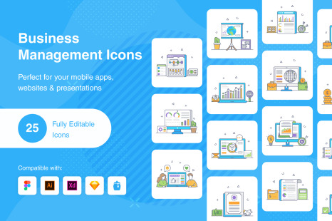 Business Management flat outline icons