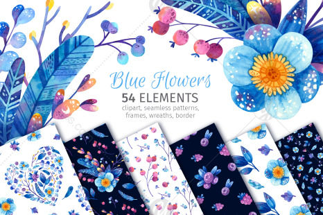 Blue flowers and berries watercolor clipart, floral seamless patterns, wreaths, frames PNG