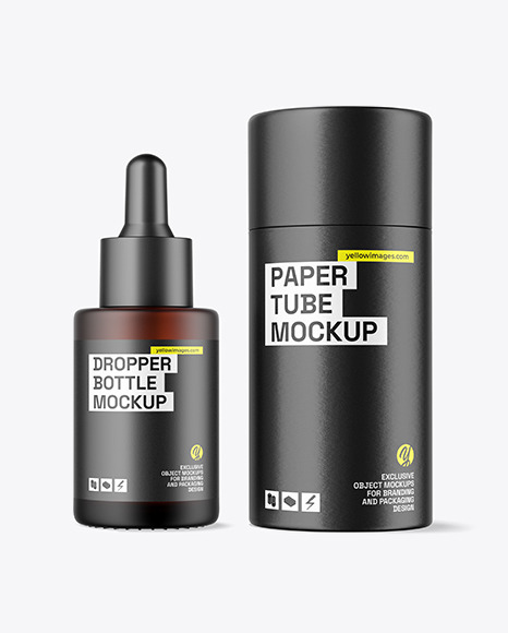 Frosted Amber Glass Dropper Bottle w\ Paper Tube Mockup